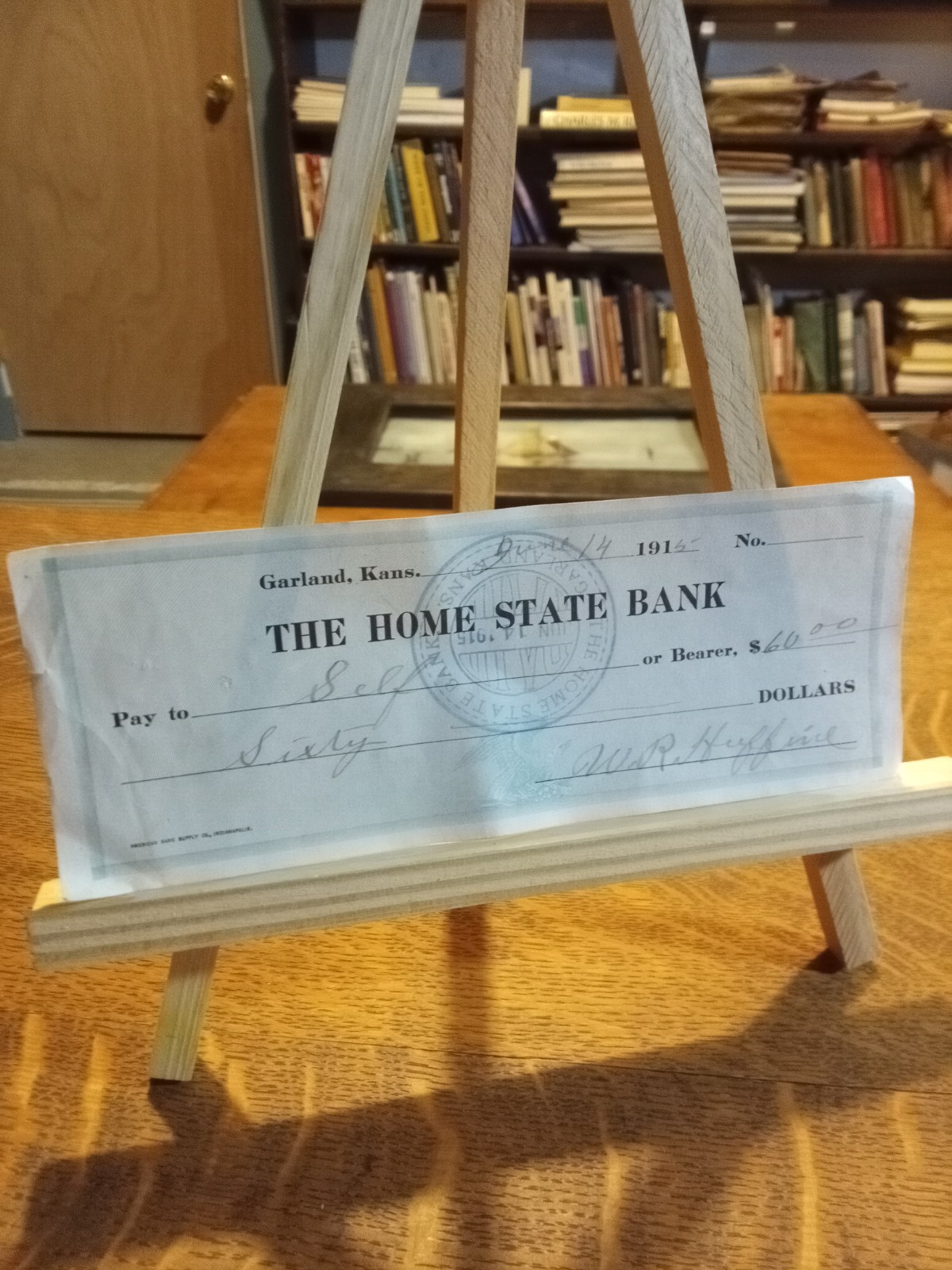 The Home State Bank Garland Kansas Signed Check 1915 $60 Signed Huffine