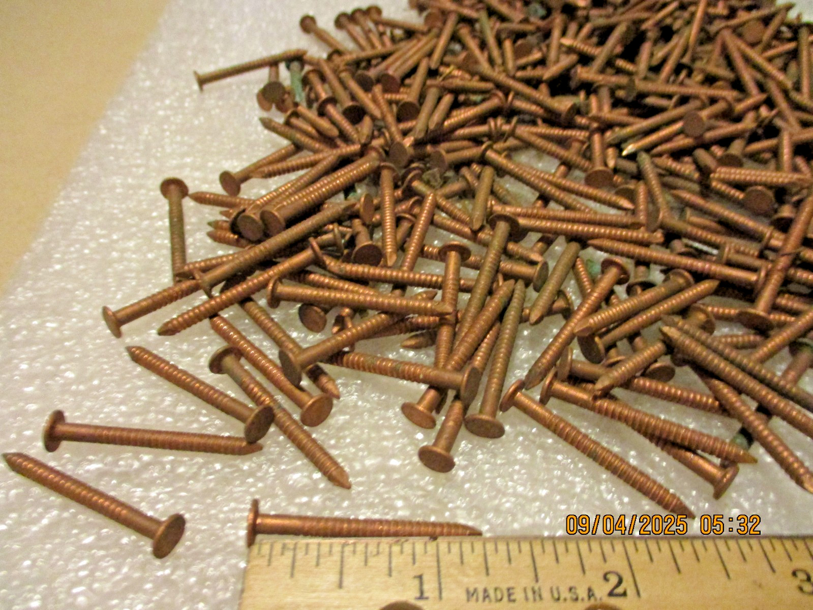 50--VINTAGE COPPER RIBBED BOAT NAILS 1 1/4” LONG X 1/8" SHANK & 1/4” WIDE HEAD
