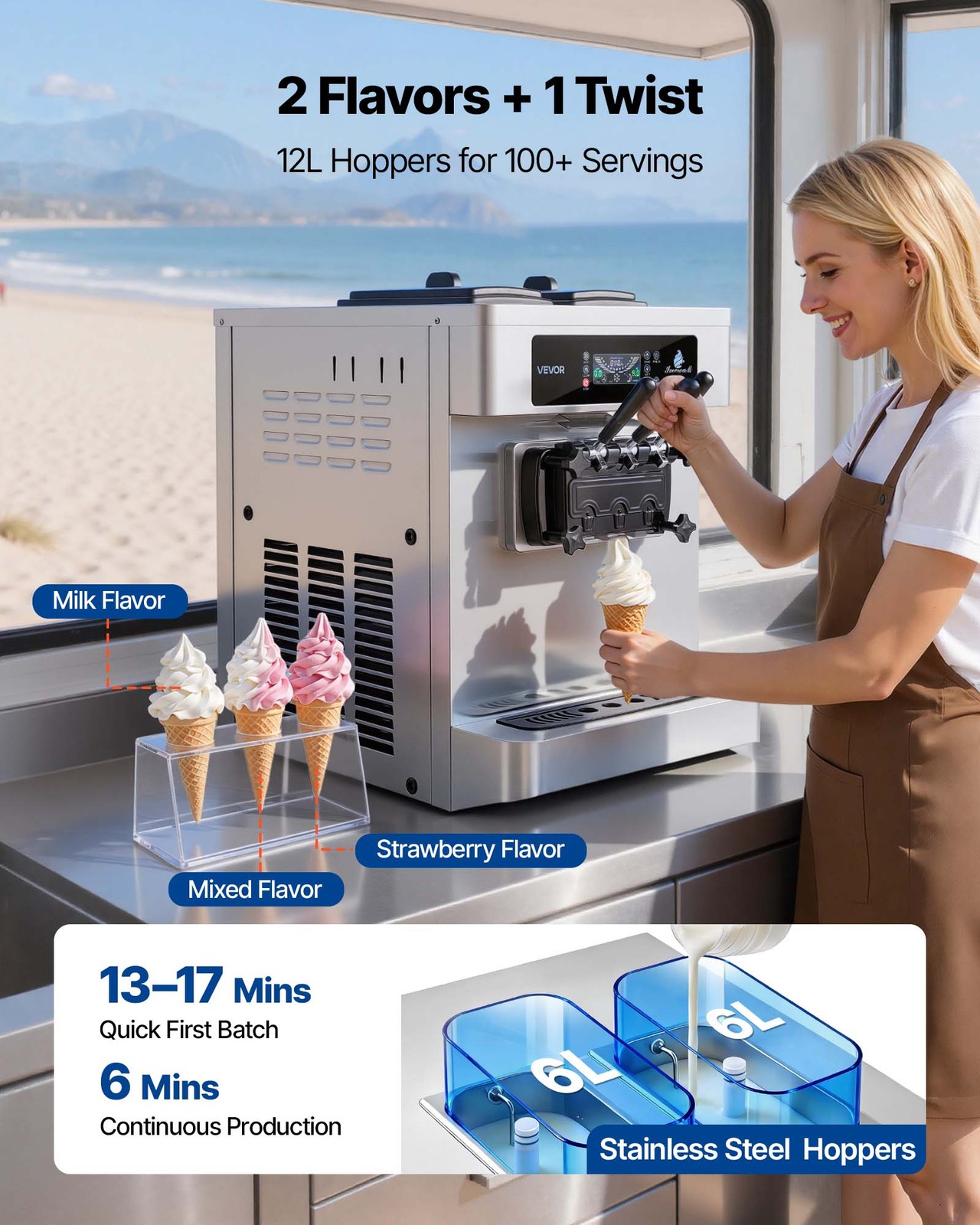 VEVOR Commercial Ice Cream Machine 2200W 3-Flavor Soft Serve Ice Cream Maker