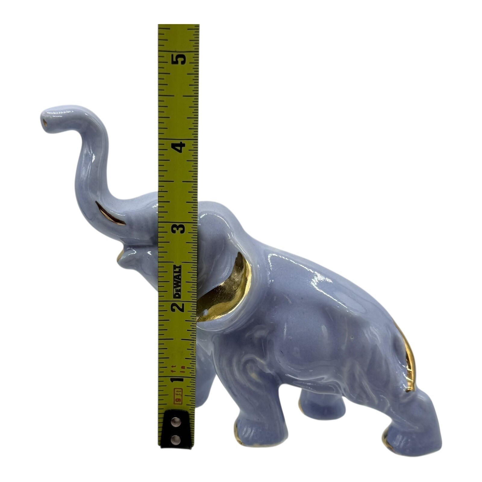Elephant Figurine Blue Ceramic Gold Accents Trunk Up Good Luck Vintage Decor