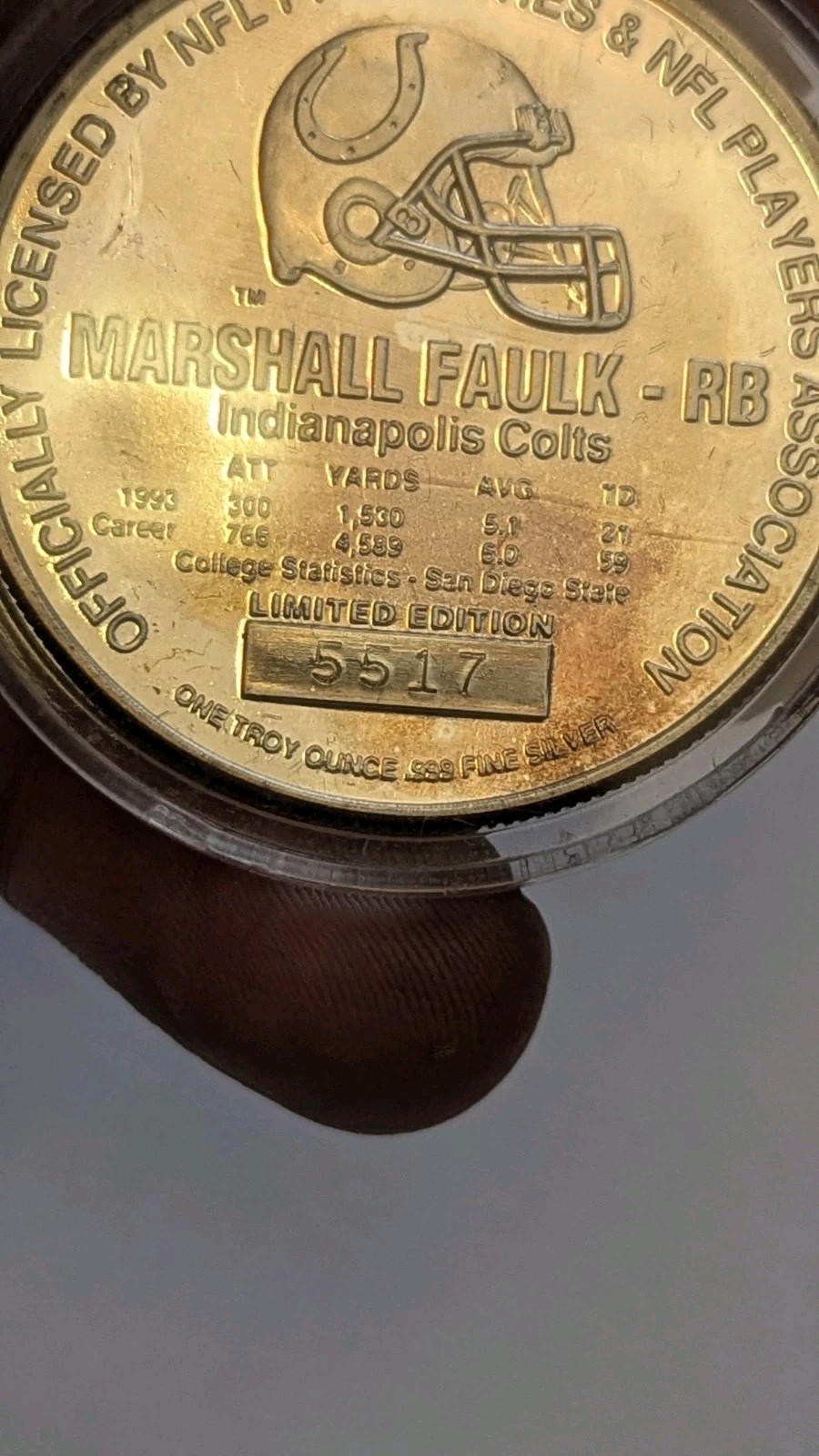 NFL Indy Colts Marshall Faulk RB Football 999 Silver 1 Oz Ounce Art Round Toner