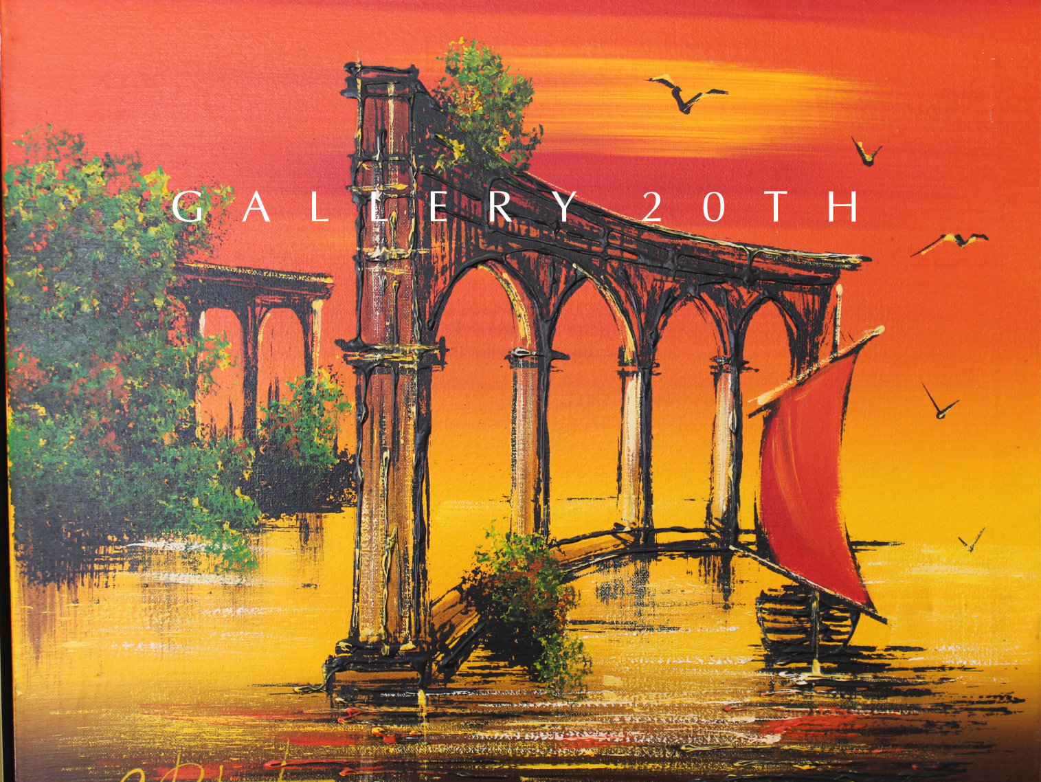 SPECTACULAR! MCM ORIG OIL PAINTING! 50'S 60'S ART VTG ATLANTIS RUINS MID CENTURY