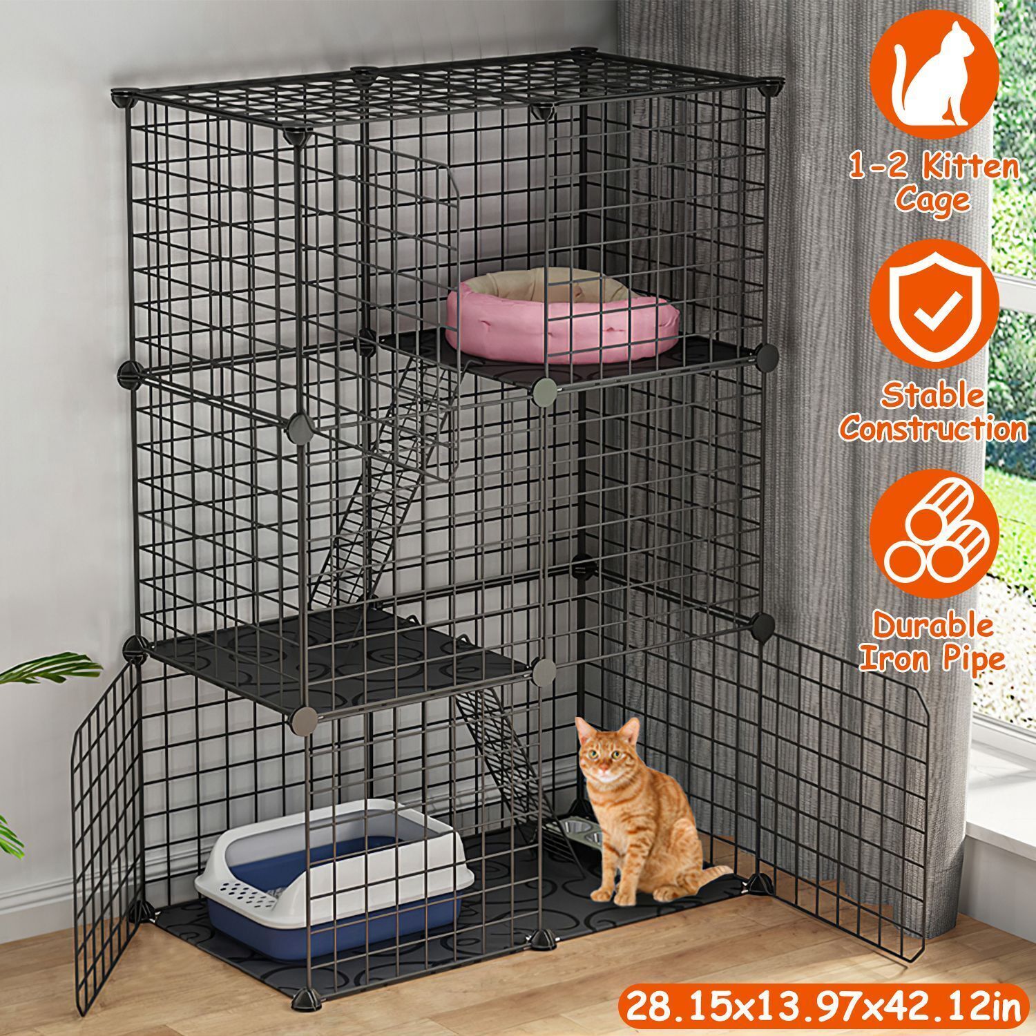 Cat Cage with Storage Cube DIY Indoor Catio Cat Enclosures Metal Cat Playpen
