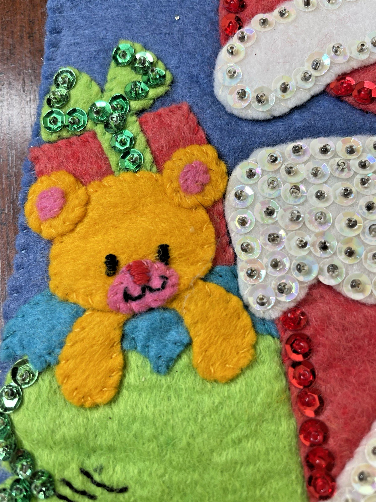 Vintage Name Rachel 3D Santa Claus Trumpet Music Bear Beaded Christmas Stocking