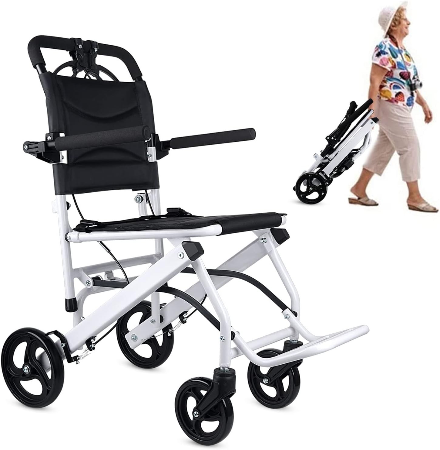 Only 16 lbs Ultra-Lightweight Foldable Transport Wheelchair, Dual handbrakes