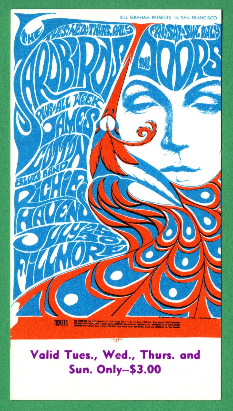 The DOOrS YardbirdS BG75 BiLL Graham FiLLmore WeSt 1967 ThurSdaY Ticket