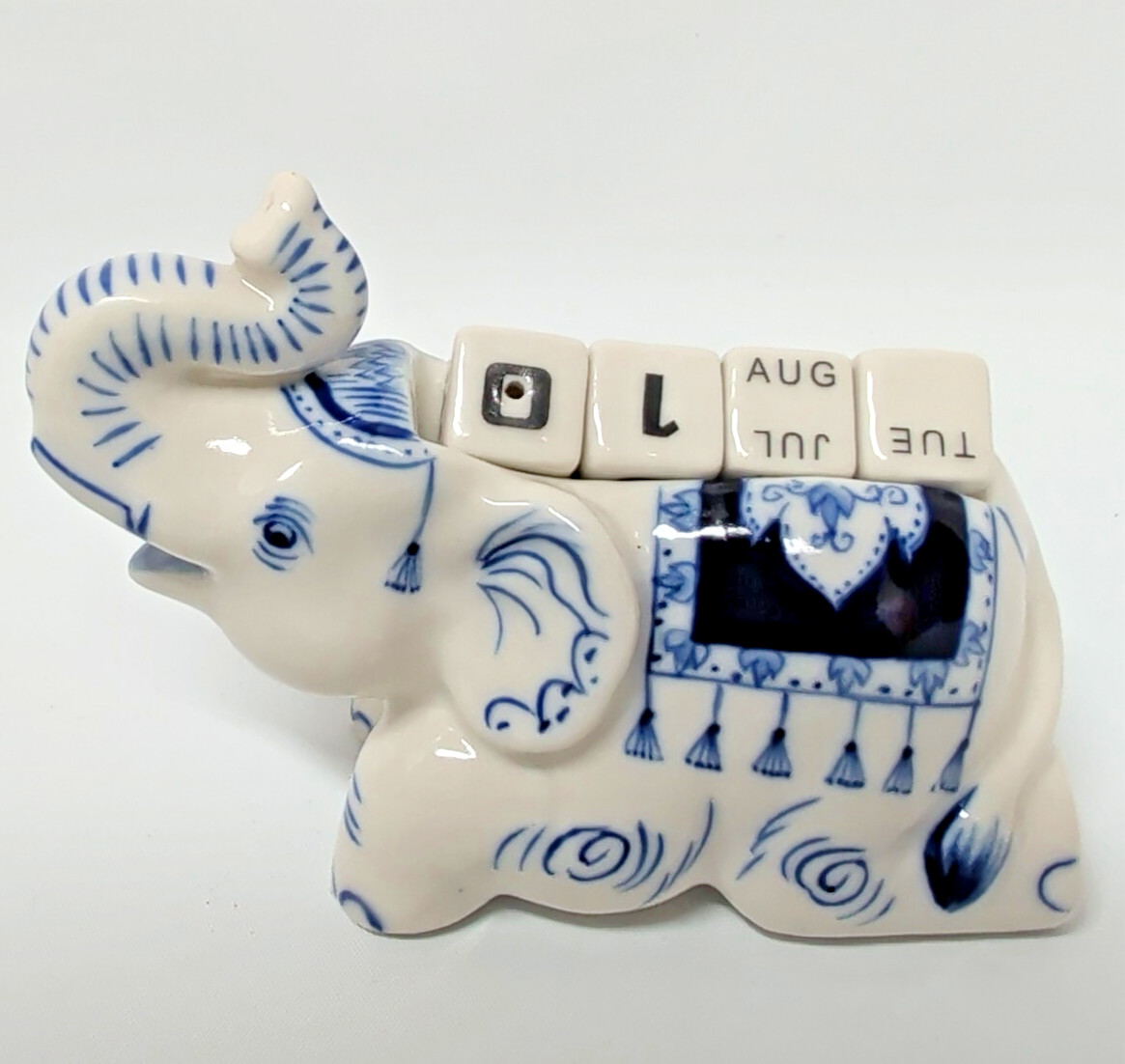 Ceramic ELEPHANT w/ PERPETUAL CALENDAR Blue Thailand - 3.5" Long x 2.5" Tall