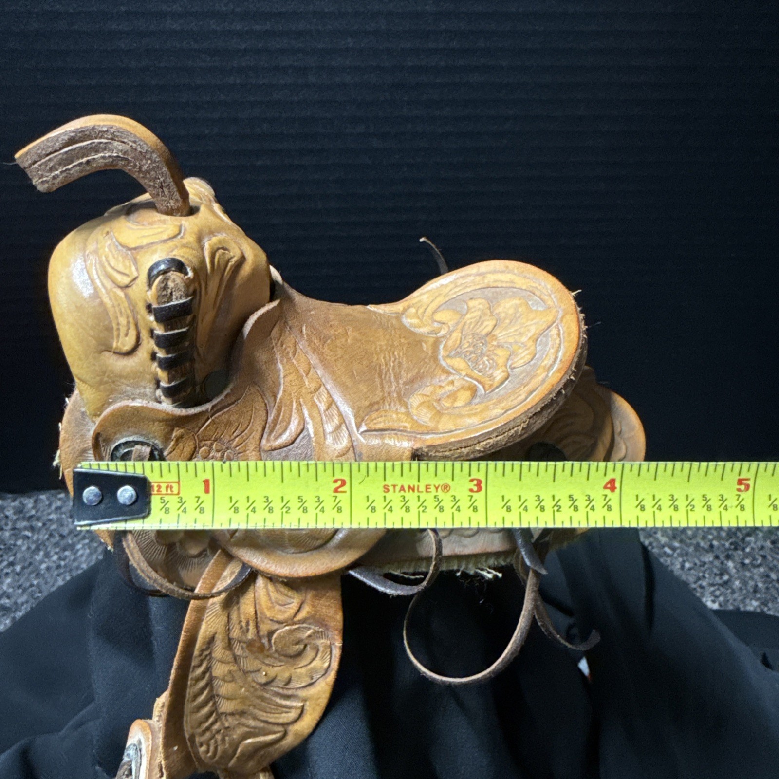 Vintage Western Mini Leather Saddle Cowboy Ranch Decor Shearling Tooled 6”x4.5”