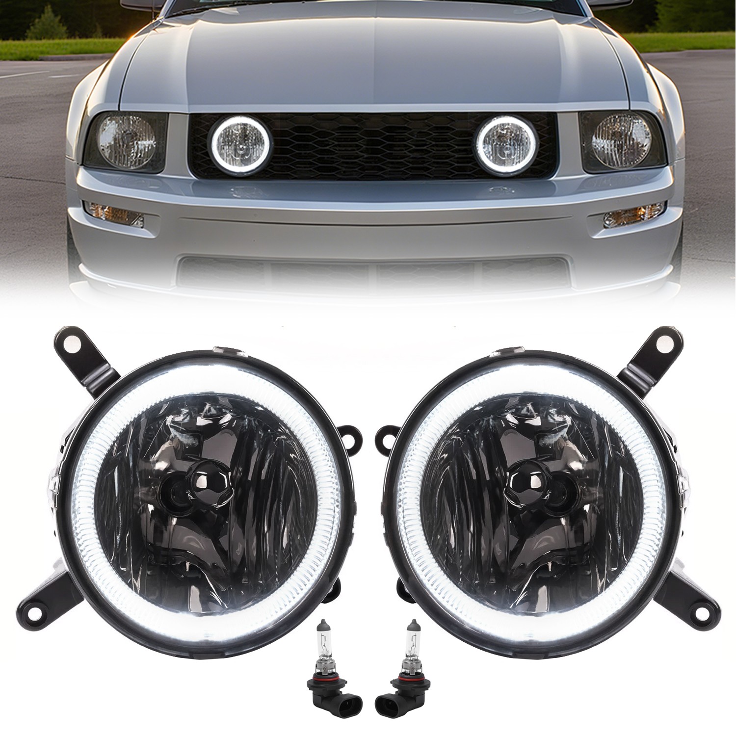 Fog Lights LED Halo Running Light Smoke Lens For Ford Mustang GT 2005-2009 RH&LH