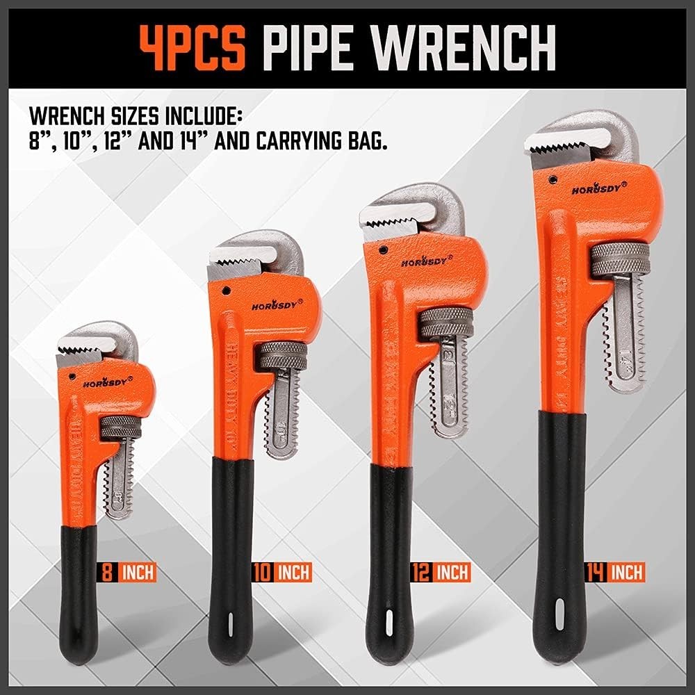 4 Pack Heavy Duty Pipe Wrench Set Adjustable 8" 10" 12" 14" with Storage Bag