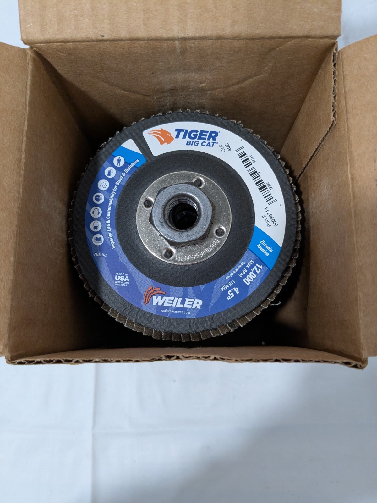 Weiler Flap Disc: 4-1/2" Dia, 40 Grit, Zirconia Alumina, Type 27 Box of 10 96245