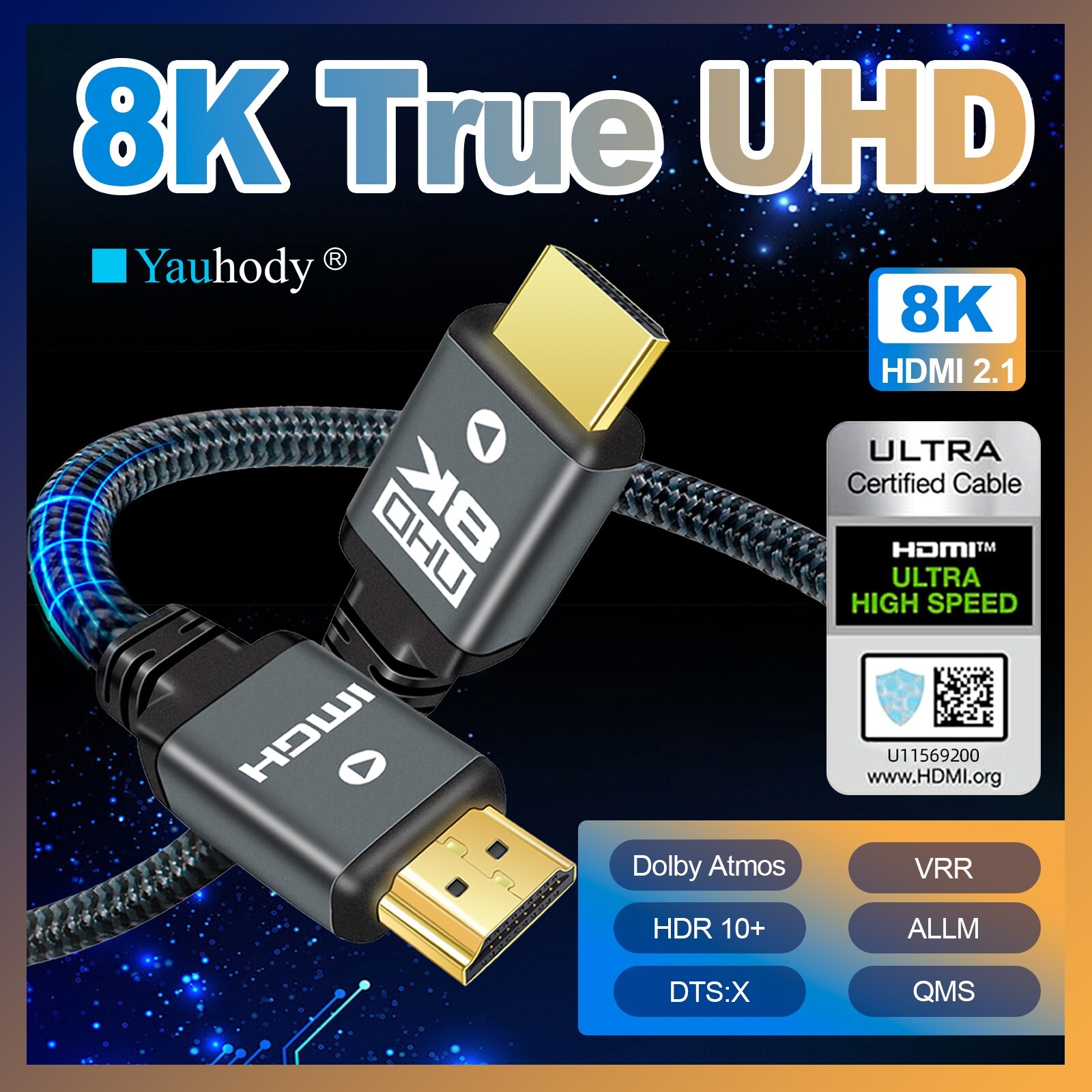 HDMI 2.1 Cable HDMI 8K@60hz 4K@120Hz 144Hz 240Hz Certified 48Gbps eARC HDR10+ 3D
