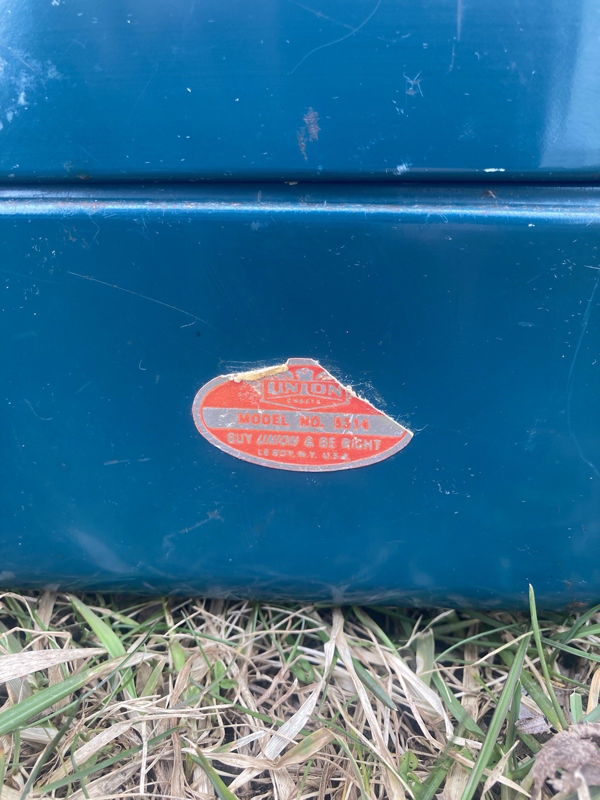 VTG 40’s-60’s Union Steel Chest 5314 Teal White Handle Empty toolbox/tacklebox