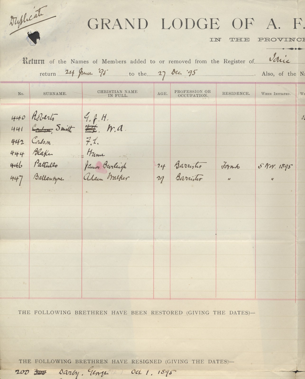 1895 1c Small Queen Circular Grand Lodge of Canada Hamilton Squared Circle