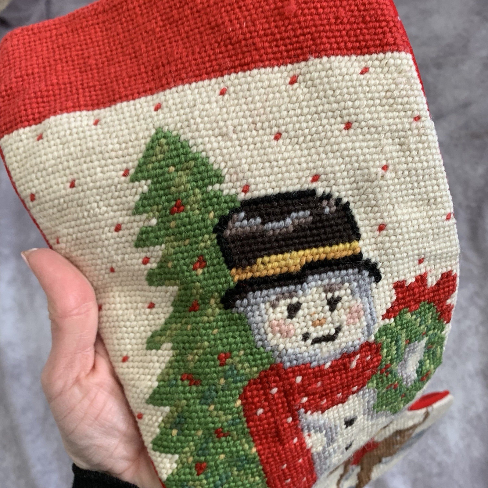 Vintage Needlepoint Wool Christmas Stocking Snowman Reindeer Holiday