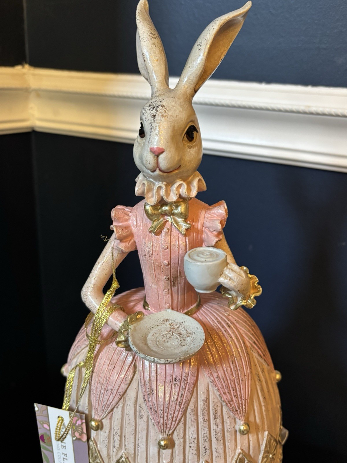Jolie Fleur Easter Bunny Rabbit Figurine Pink Gold Dress Tea Party Decor NWT