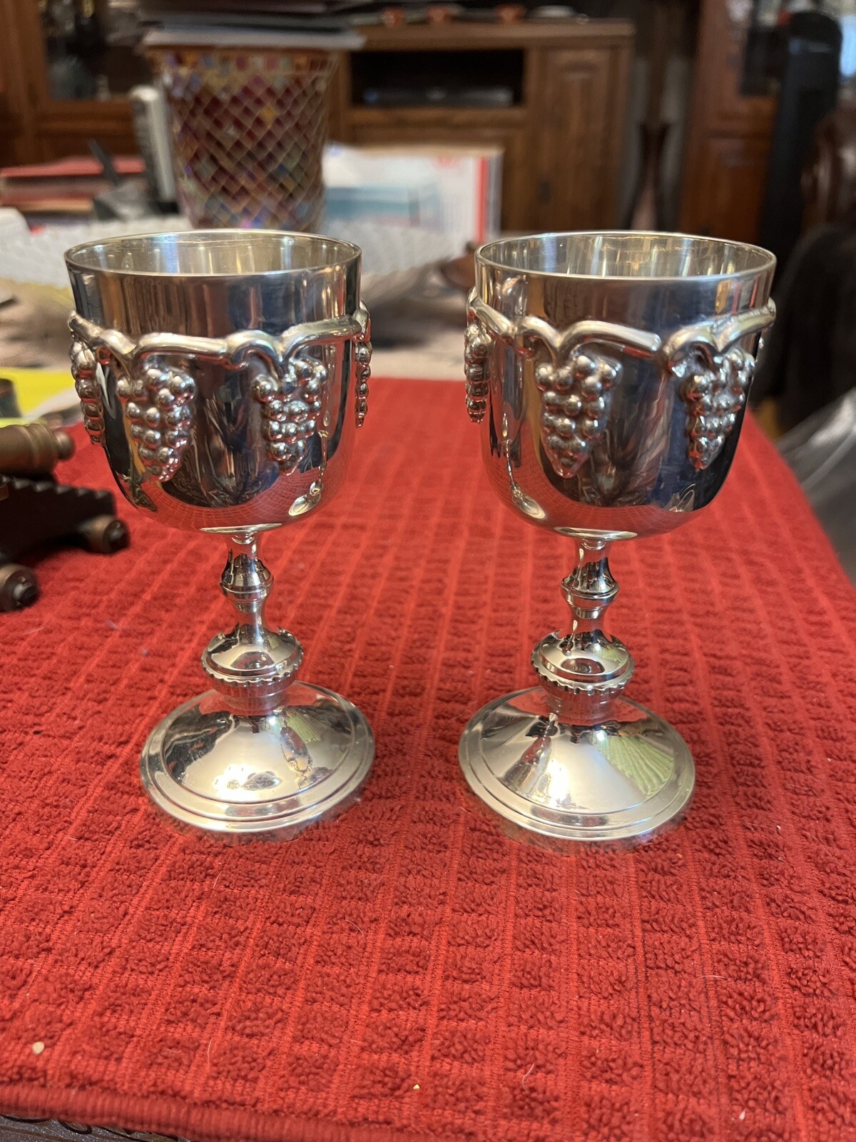 Vintage Set Of 2 Italian Grape Harvest Silver Plated Champagne / Wine Goblets