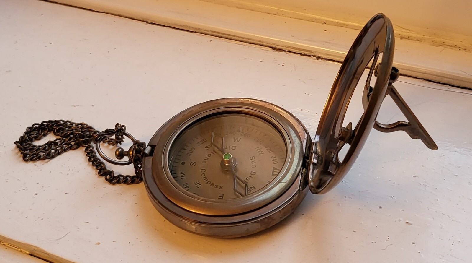 Sun Dial Pocket Watch Brass Compass Chain Antique Old Gold Lustre Wooden Box UK