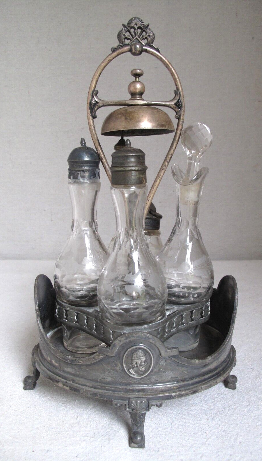 Antique SP Reed & Barton Cruet Castor Set Bell 4 Cut Glass Etched Bottles