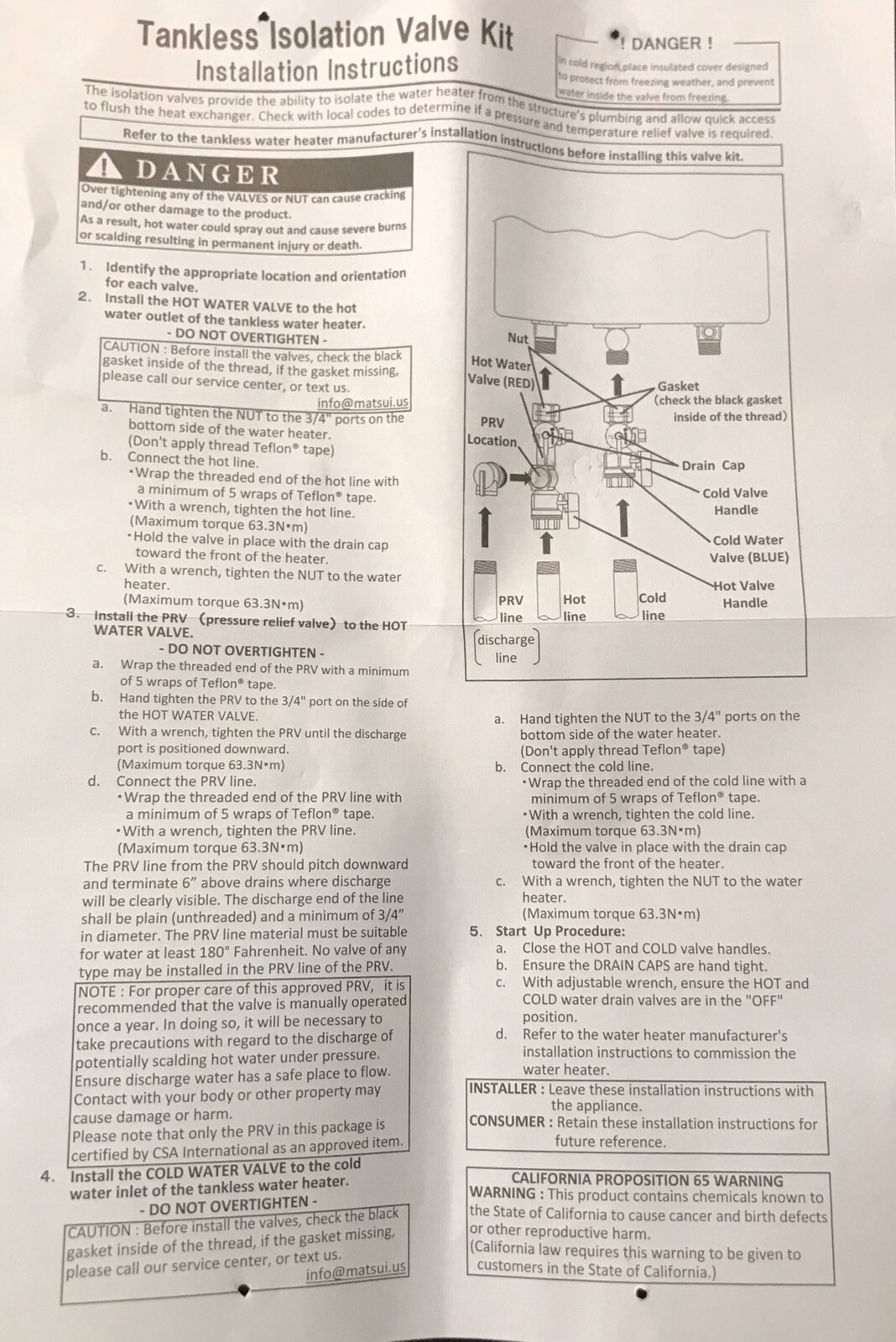 Rinnai 3/4" Tankless Water Heater Isolation Valve Kit MIVK-T-LW PRV Hot Cold