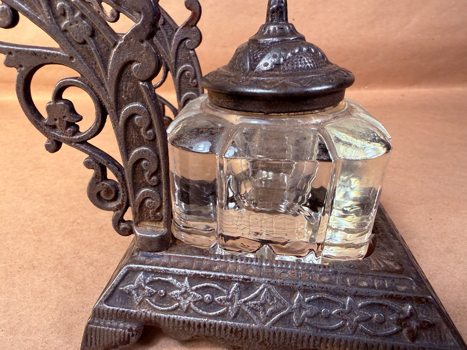 Antique Victorian Cast Iron Inkwell and Pen Holder with Glass Inkwell