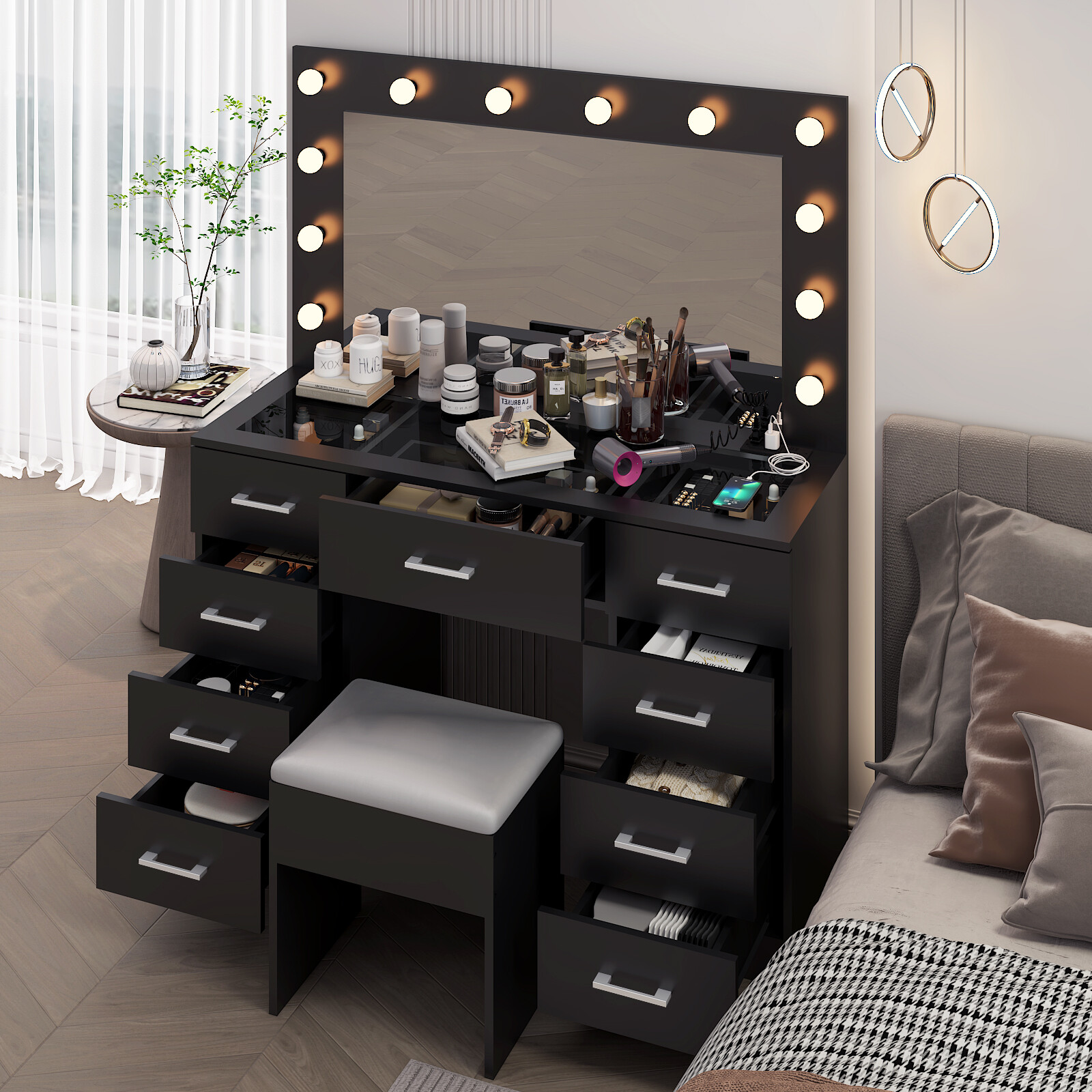Vanity Set Desk 9 Drawers Large Mirror with Power Outlet LED Lights Makeup Table