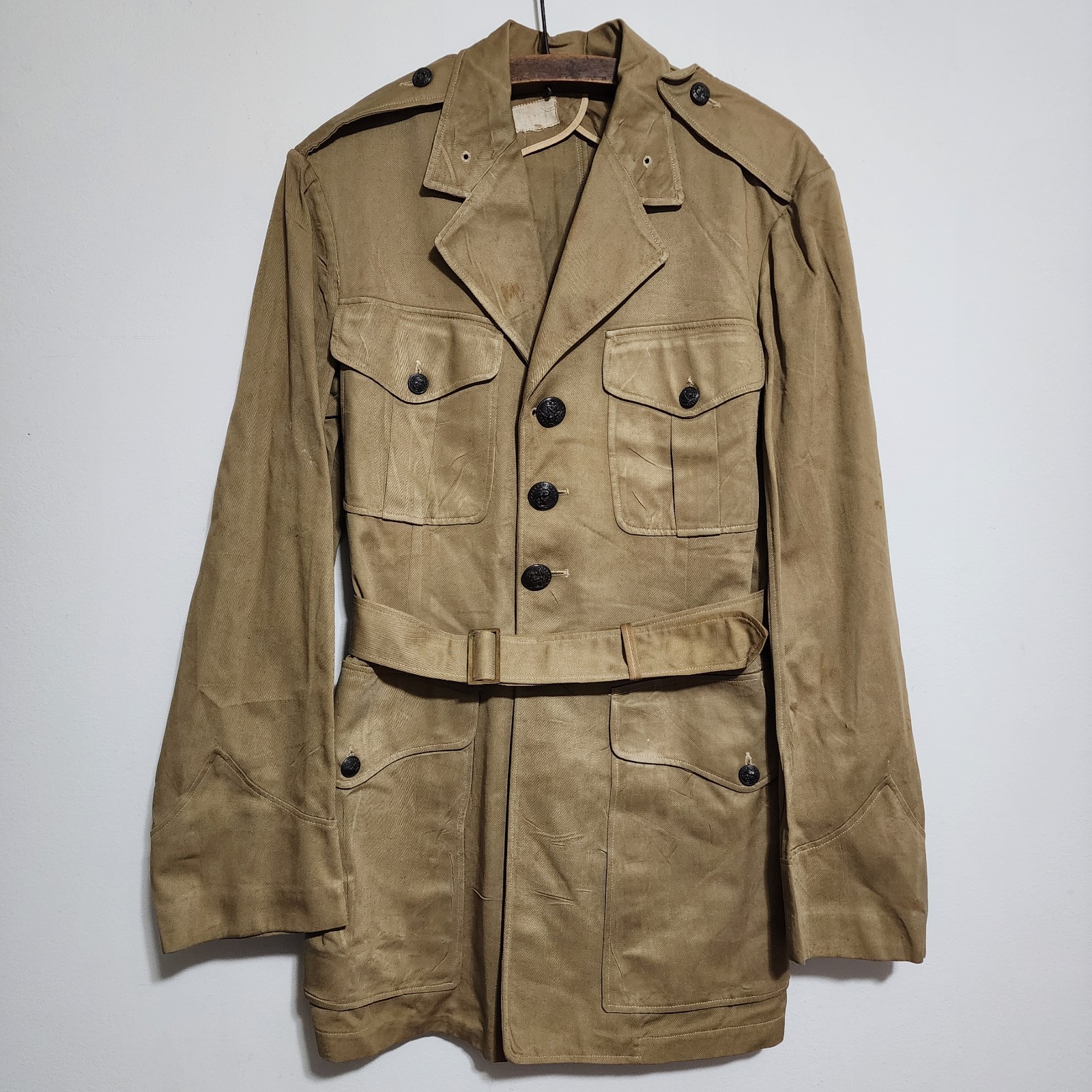 Vtg WWII US USMC Khaki Cotton Chino Service Coat Jacket M1942 Officer Belted