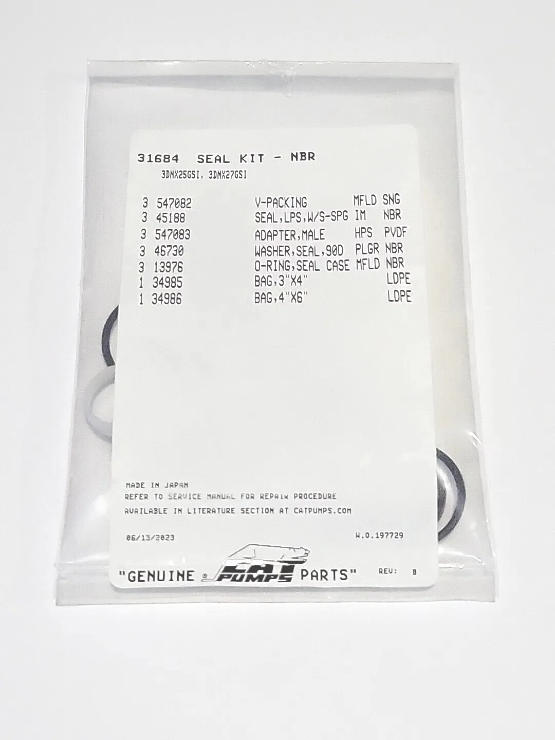 31684 SEAL KIT FOR CAT PUMP 3DNX SERIES PUMPS 3DNX25GSI, 3DNX27GSI, 3GXT30