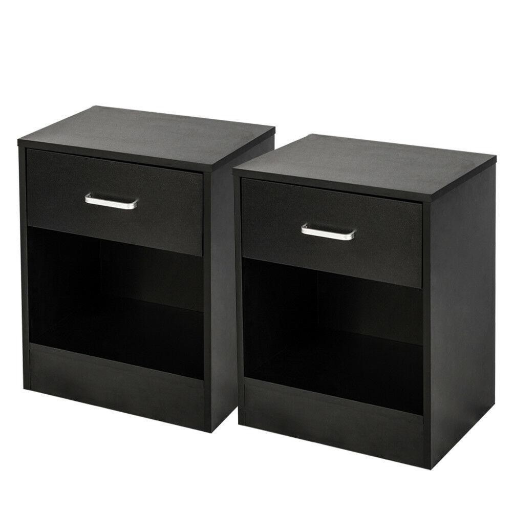 Set of 2 Bedroom Bedside Table Nightstand End Side With Drawer and Open Shelf