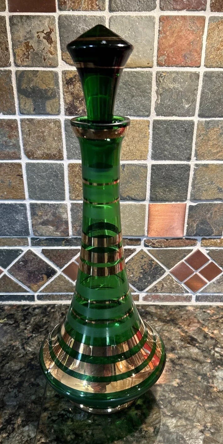 Borske Sklo Gold Banded Green Glass Decanter Mid Century Genie Jeannie Bottle