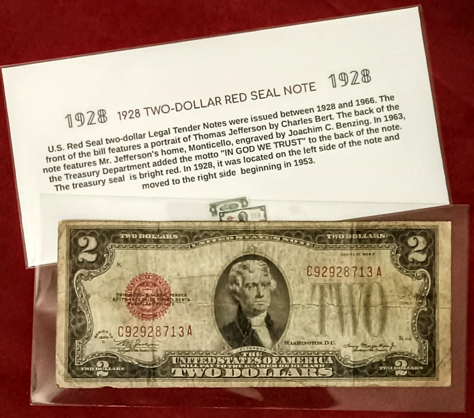 𝟙𝟡𝟚𝟠 $2 Two Dollar Red Seal US Note Vintage Currency,Info Card, 98 Years Old