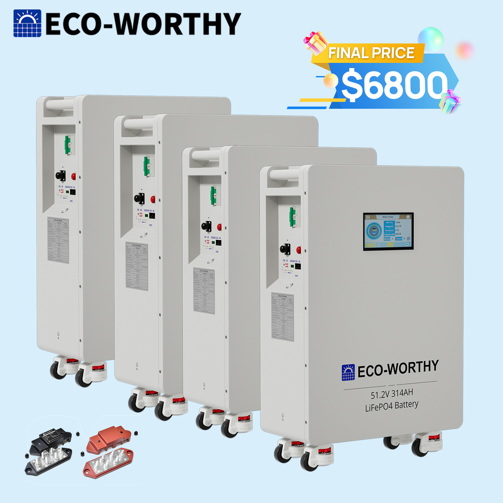 ECO-WORTHY 4Pack 48V 314AH (64.3kWh) LiFePO4 Battery Vertical Standing Backup