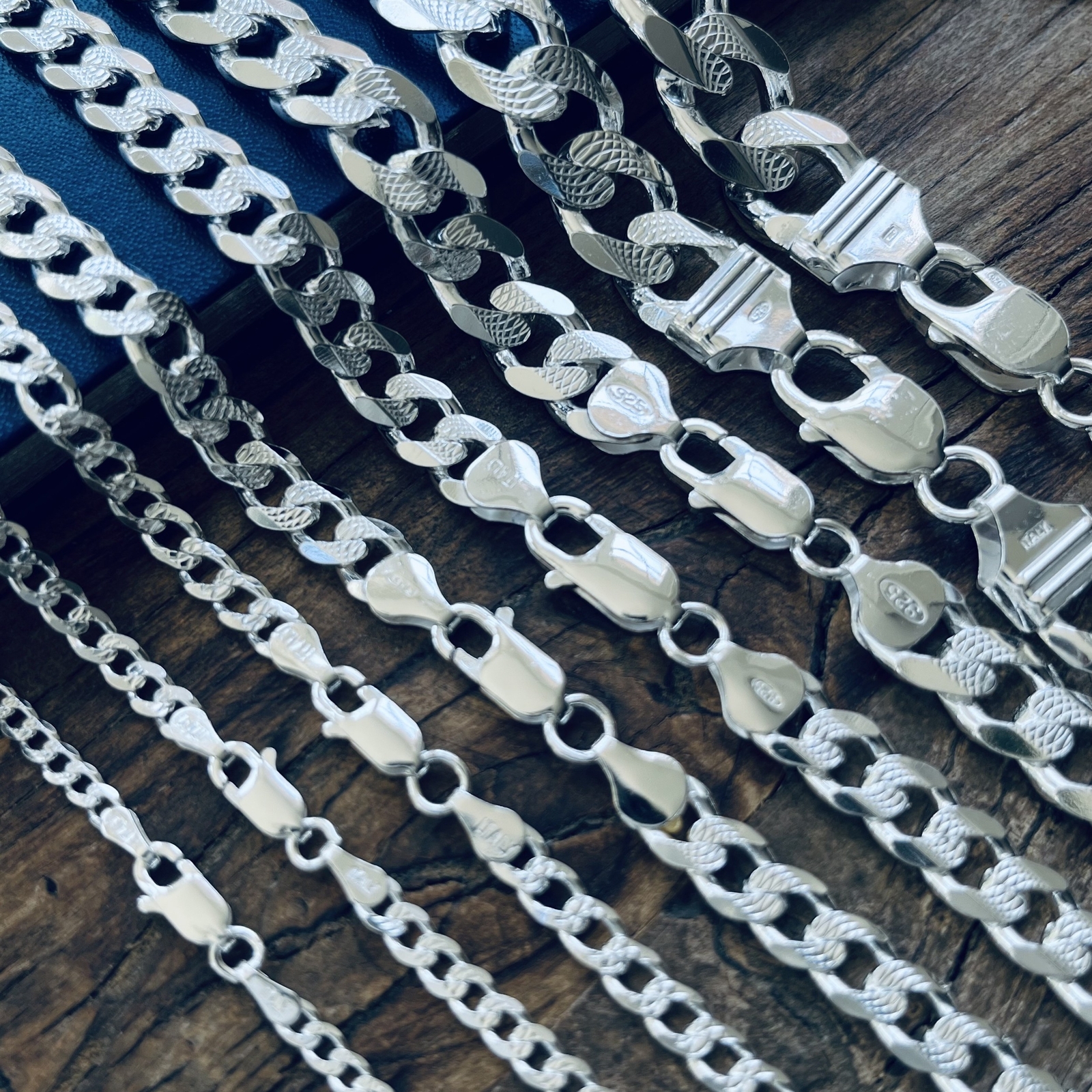 Real 925 Sterling Silver Mens Diamond Cut Curb Cuban Chain Bracelet or Necklace