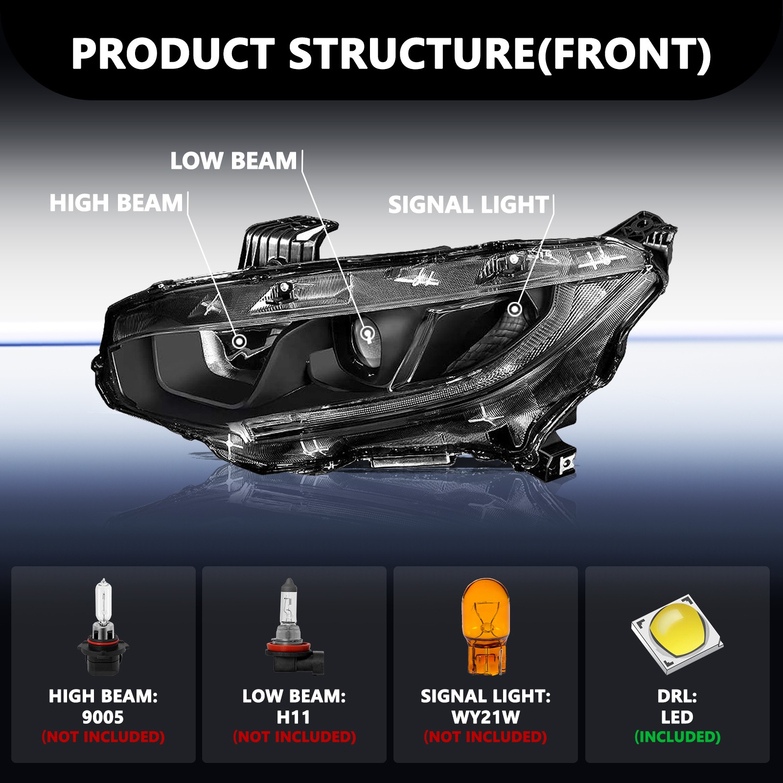 For 2016-2021 Honda Civic Black LED DRL Projector Headlights Assembly Lamps Pair