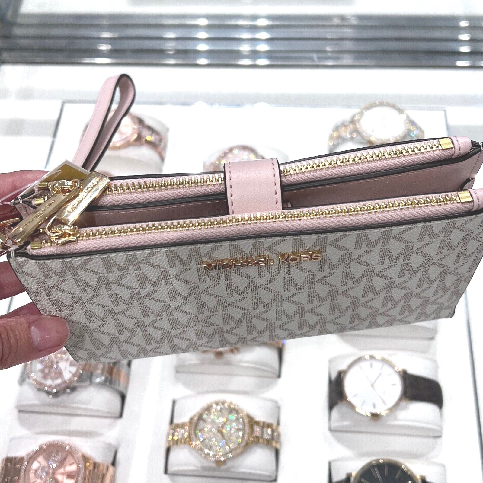 Michael Kors Jet Set Travel Double Zip Wristlet Wallet Vanilla Pink Powder Blush