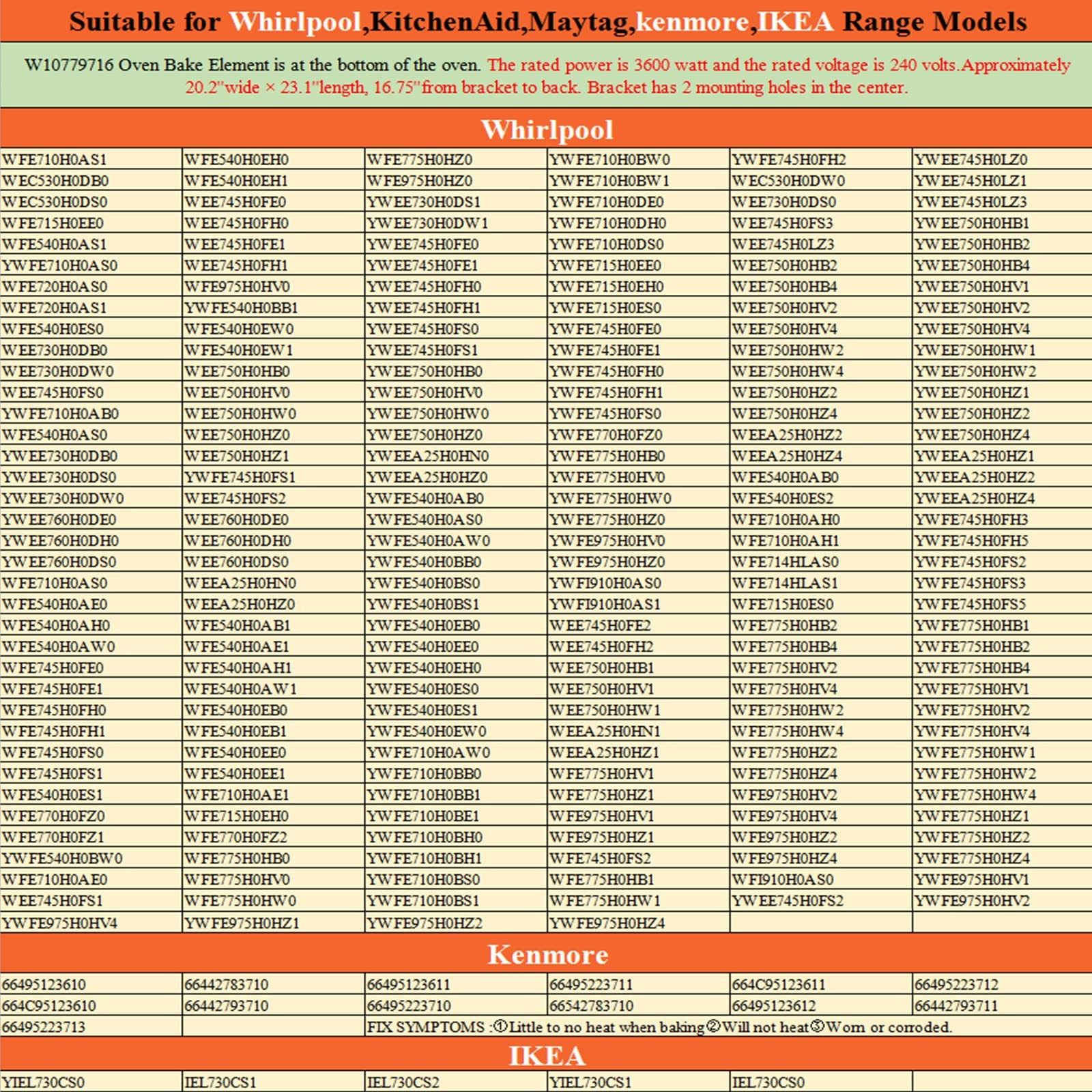 Beaquicy W10779716 Oven Bake Element - Replacement for Whirlpool Kitchen-Aid ...