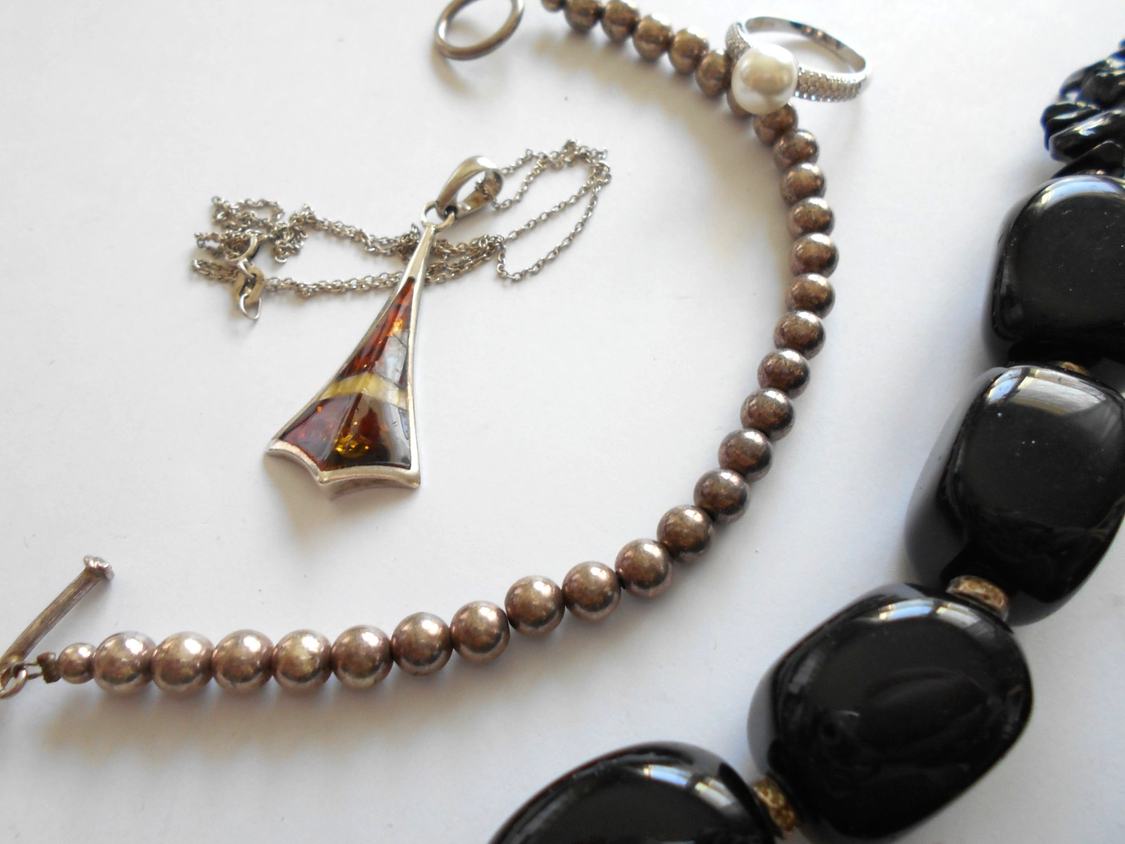 Lot of 7 Pieces Sterling Silver Onyx Amber Jewelry Lot #6 194 Grams