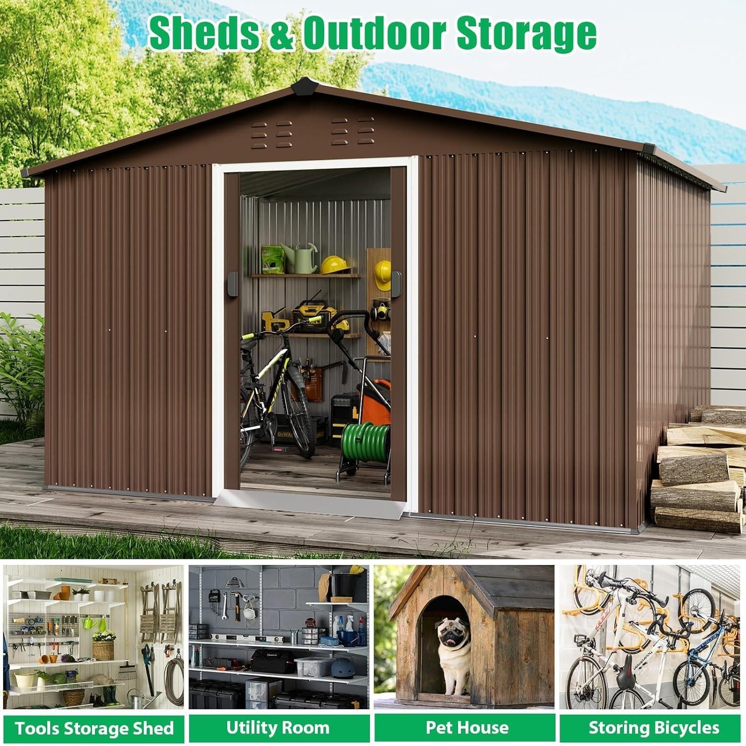 10x12 ft Metal Outdoor Storage Shed Galvanized Garden Shed with Lockable Doors