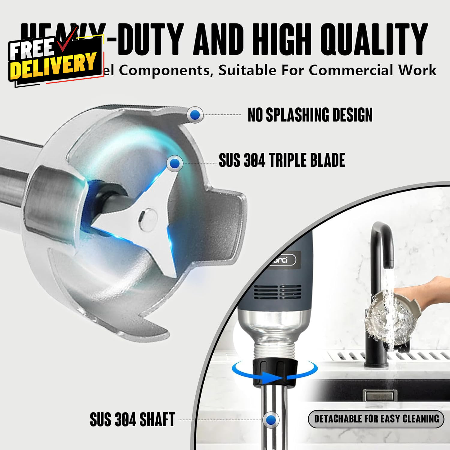 500W Commercial Immersion Blender 16 SUS 304 Removable Shaft Heavy Duty Power...