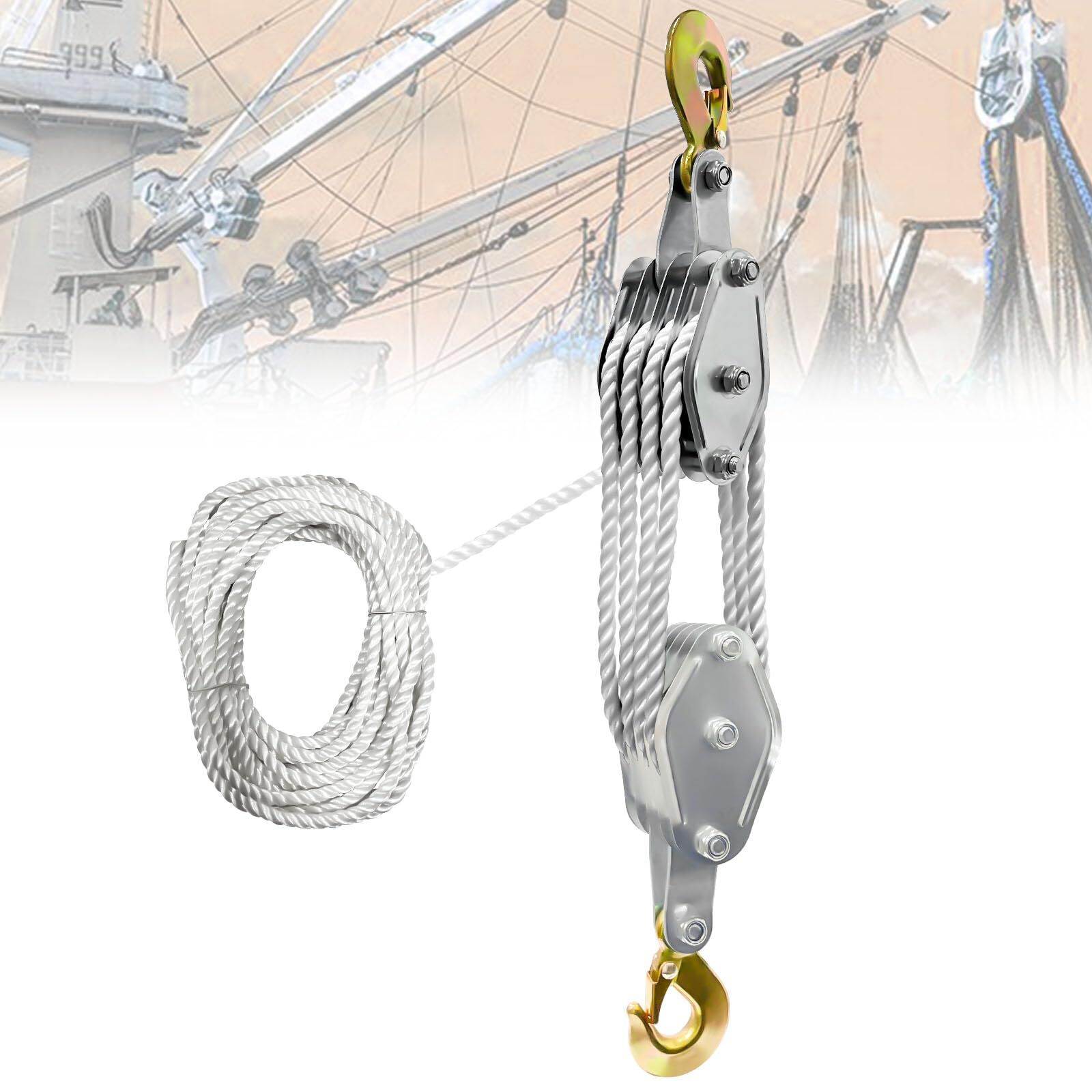 Rope Pulley Hoist 4400 LB, 8:1 Lifting Power Pulley Block and Tackle System
