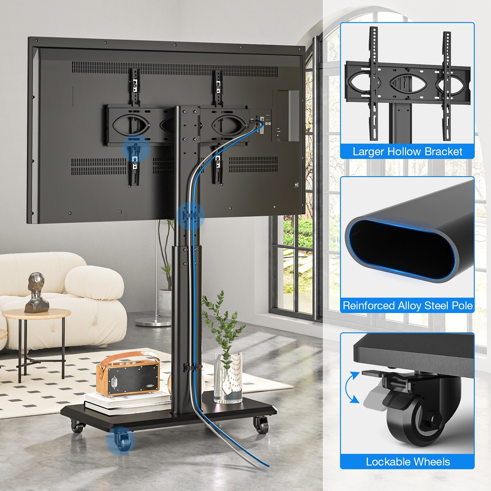 Rolling TV Stand for 32 to 70 Inch TVs,9 Levels of Height & ±30° Swivel Adjusta
