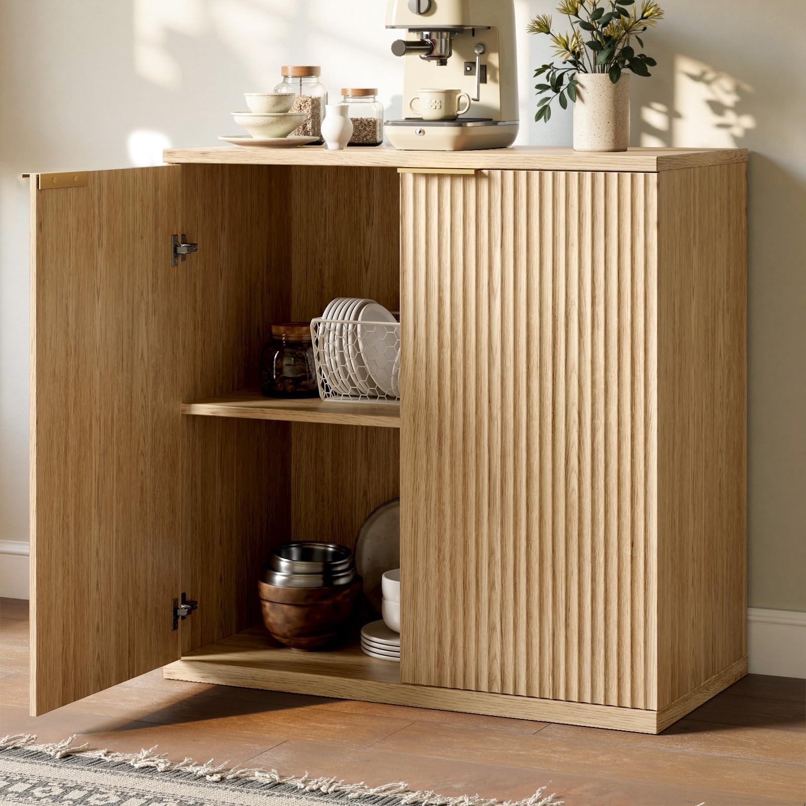 63" Oak Buffet Cabinet with Storage Large Sideboard Cabinet