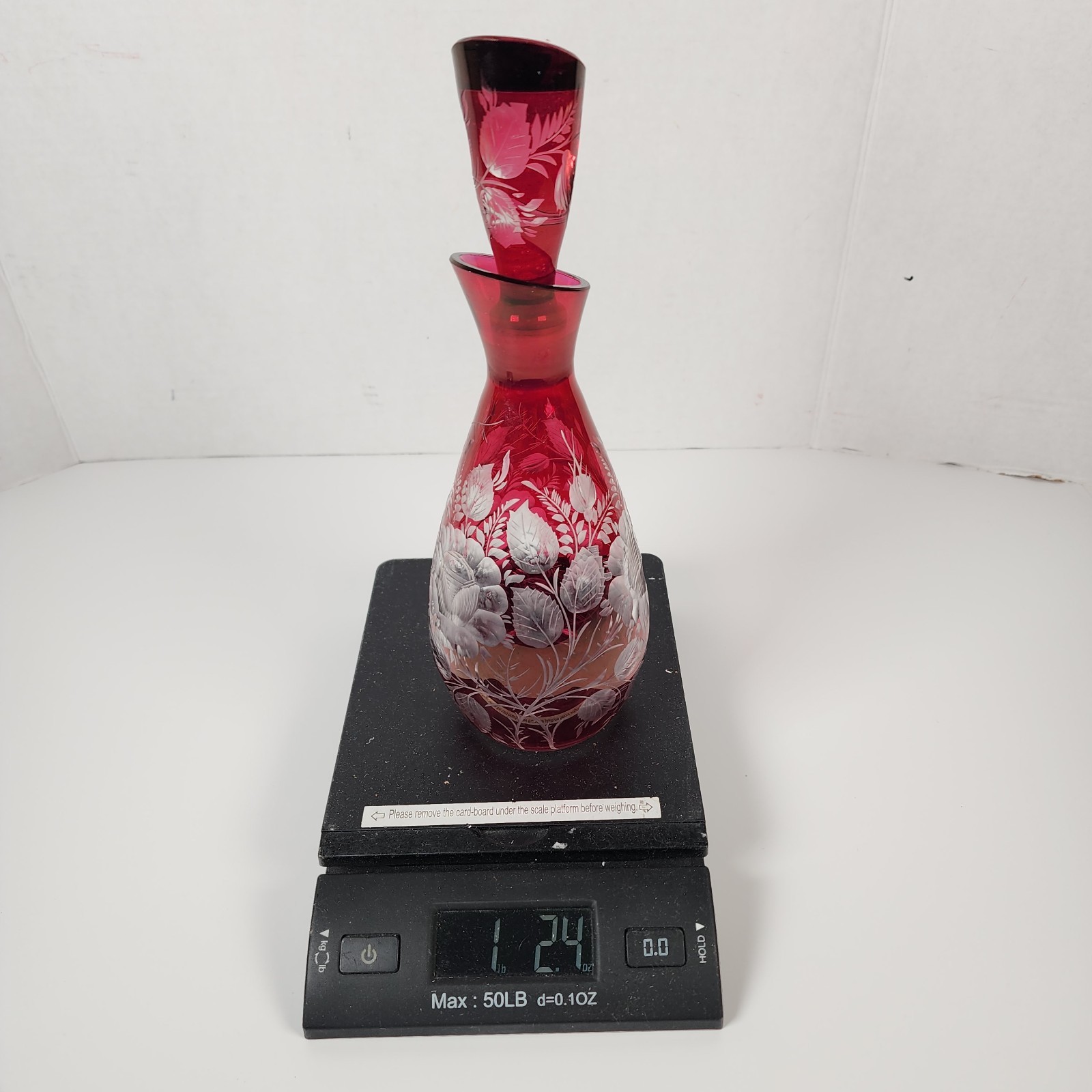 Bohemian Art Glass Ruby Red Liquor Decanter Etched Floral Design Vintage