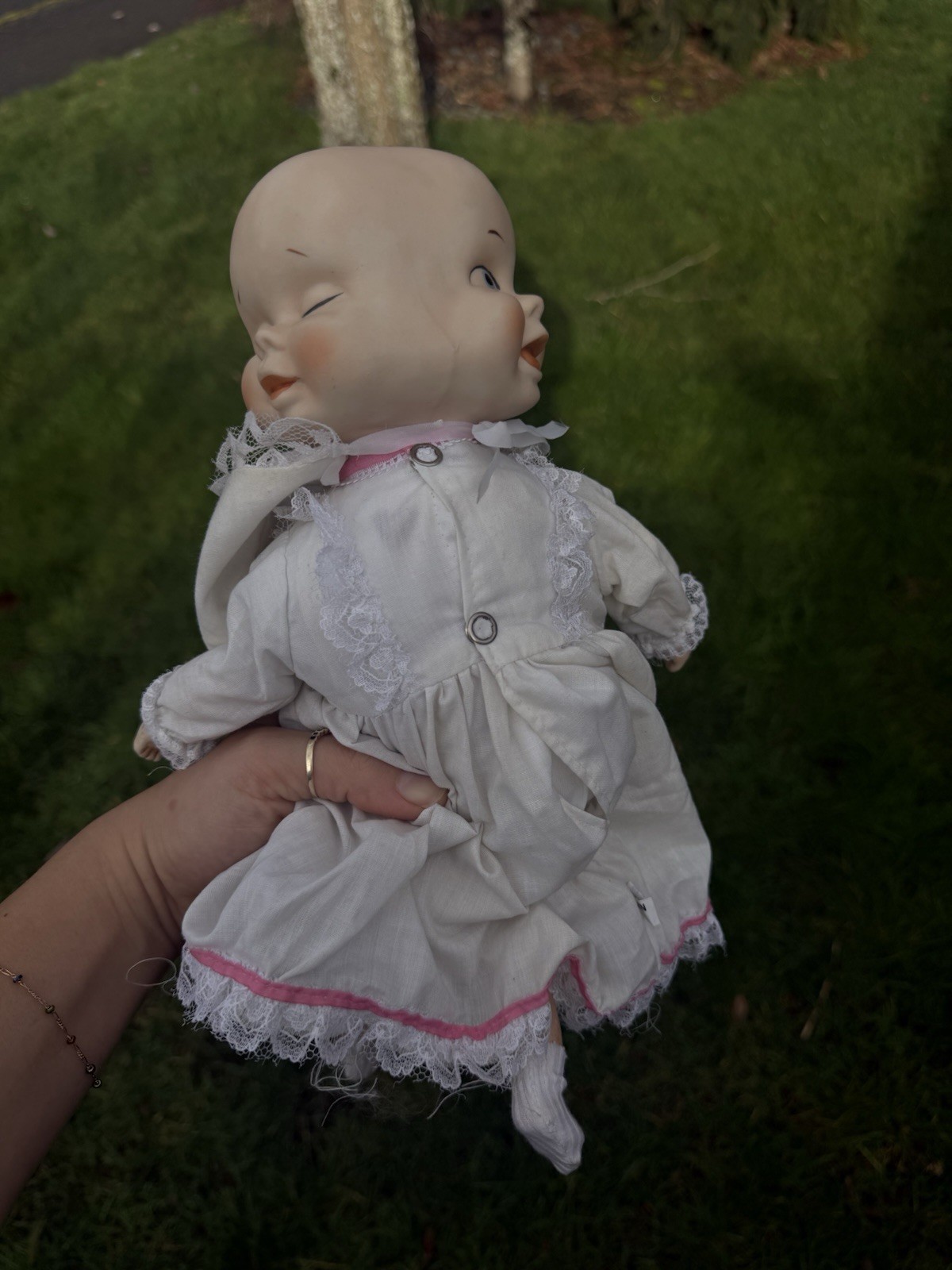 Vintage 13” Three Faced Bisque Porcelain Doll With Bonnet Triple Head Taiwan