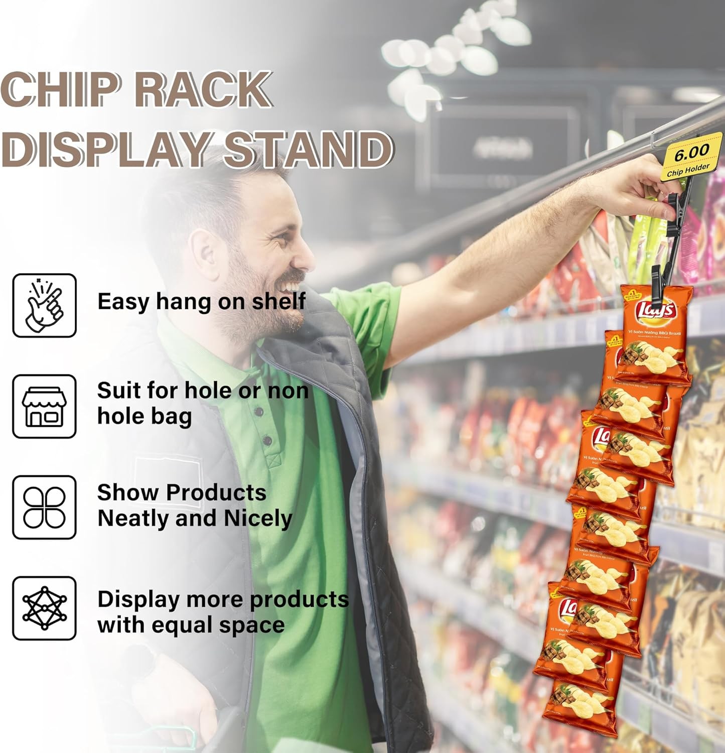 Hanging Merchandise Strips With Hooks Chip Display Rack Stands Potato Bag Holder