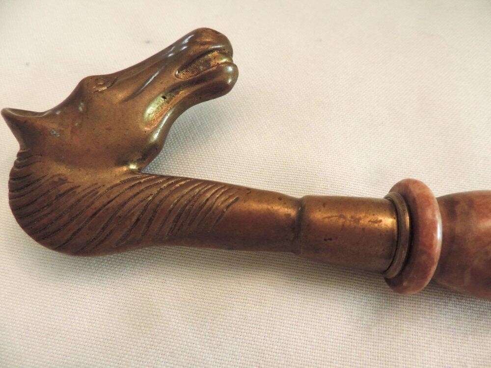 Large Vintage Brass Horse Head Stone Handled Desk Magnifying Glass 11"