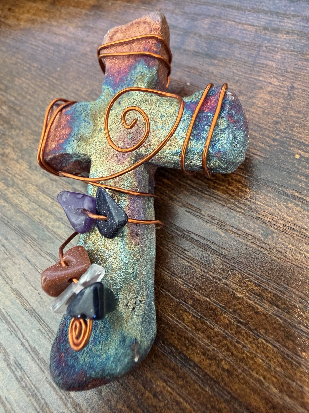 Jeremy Diller Raku Pottery Cross Magnet Art Iridescent w Copper Wire & Stones