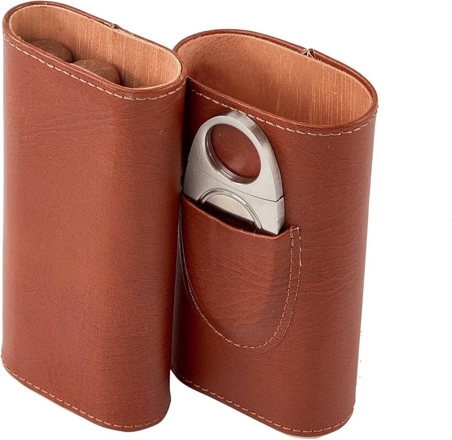 Cedar Lined Cigar Humidor Case Set 3-Pack Travel Leather with Cutter – Gift