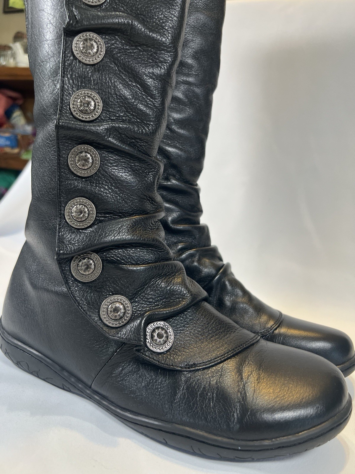 Bernie Mev Women's Whistle Knee High Blk Leather Boot Buttons Size 38 Steampunk