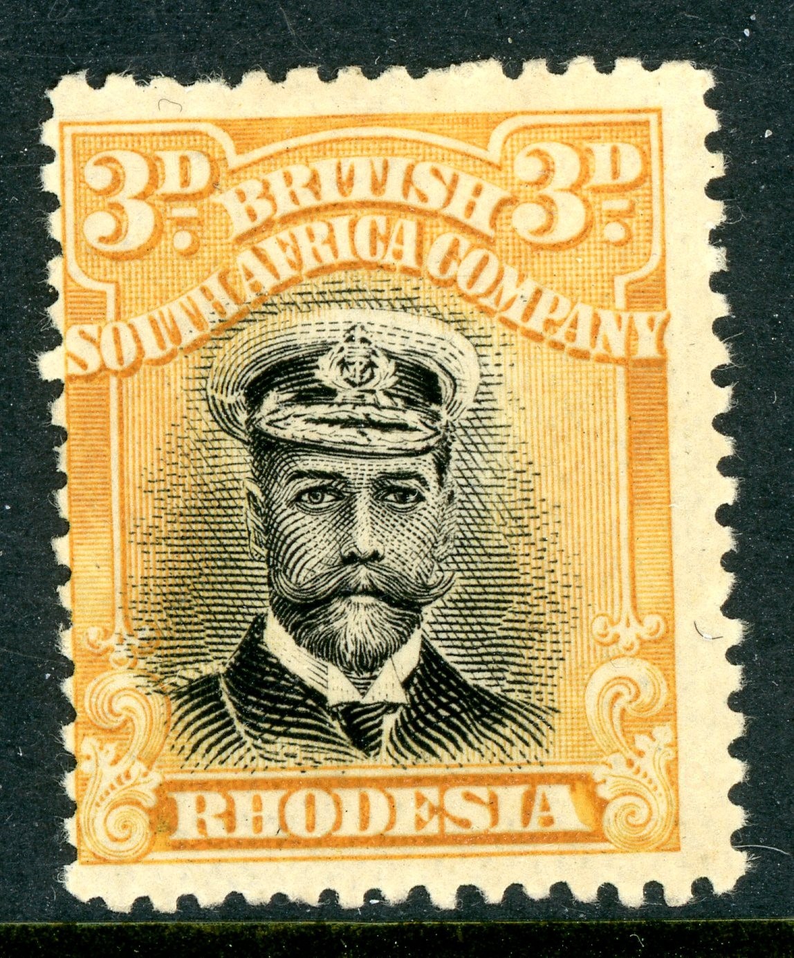 Rhodesia 1913 British KGV 3p Blk & Org Yel Head Die 2 Perf 14 SG #223 Mint S300